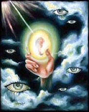 emotion, beautiful oil painting, art, surrealism,fine art, hiroko sakai, spiritual, inspiring painting, inspiring art, cool art,fetus, egg, heaven, eye, holly, light, clouds, hand sky, universe, rebirth, birth