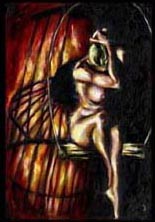 emotion, beautiful oil painting, art, surrealism,fine art, hiroko sakai, spiritual, inspiring painting, inspiring art, cool art, birdcage, nude, flame, fire,sorrow, depression, woman nude