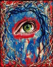 emotion, beautiful oil painting, art, surrealism,fine art, hiroko sakai, spiritual, inspiring painting, inspiring art, cool art, eye, tears, thorn, red, colorful, maze