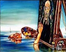 emotion, beautiful oil painting, art, surrealism,fine art, hiroko sakai, spiritual, inspiring painting, inspiring art, cool art, funny painting, munch, screem, ocean, floating, easel, boat, still painting, funny painting, humorous painting, artist, painting in ocean