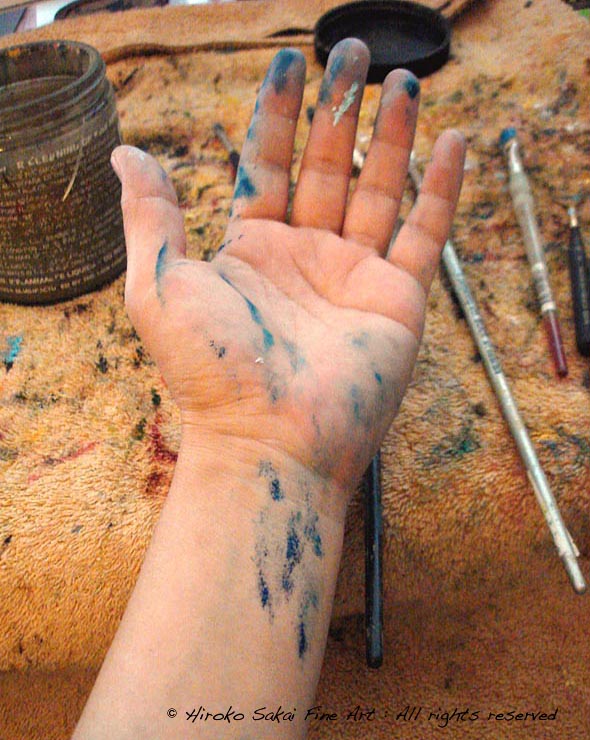 artist's hand, painting, hand covered with paint, messy hand