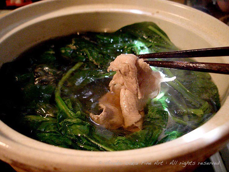 food, japanese food, nabe, pork and spinach