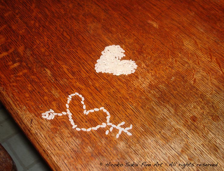 rice, rice art, heart made with rice on table, kitchen