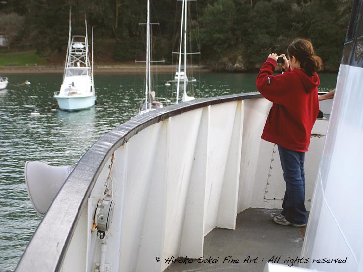 little photographer, girl taking picture from the deck of ferry