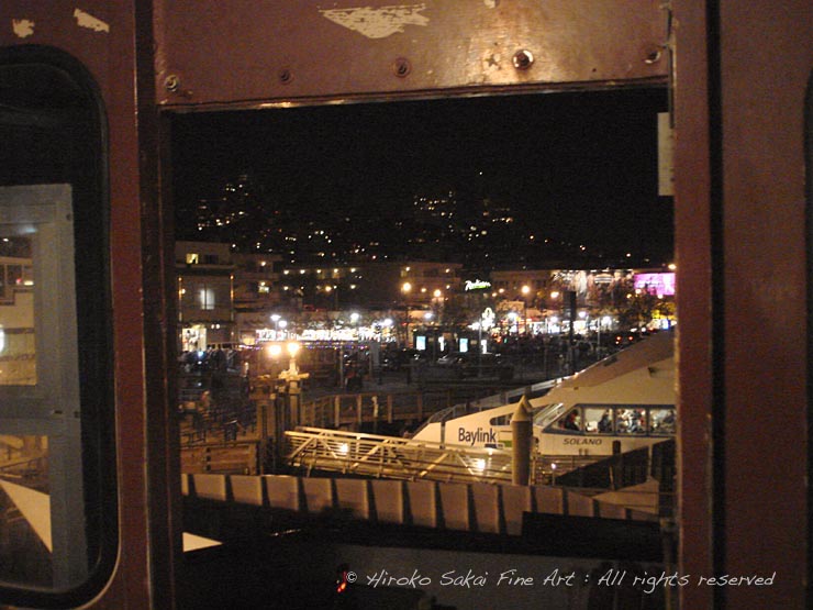 night view of fisher men's whalf san francisco from the window of the ferry cockpit, ferry station night view, fishermen's whalf night view