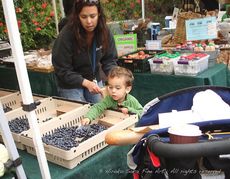 little boy getting a scoop of blue berries, fruit, harvest, farmer's market, holiday, food, family, mother and baby 