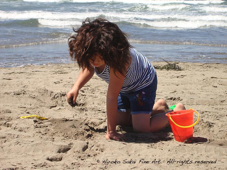 beach, girl playing with sand, sand castle, ocean beach, memory of summer