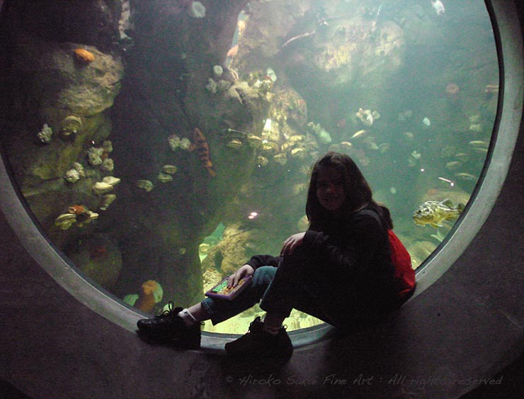 aquarium, water tank, silhouette, girl, fantasy photo, fish, tropical fish, coral reef 